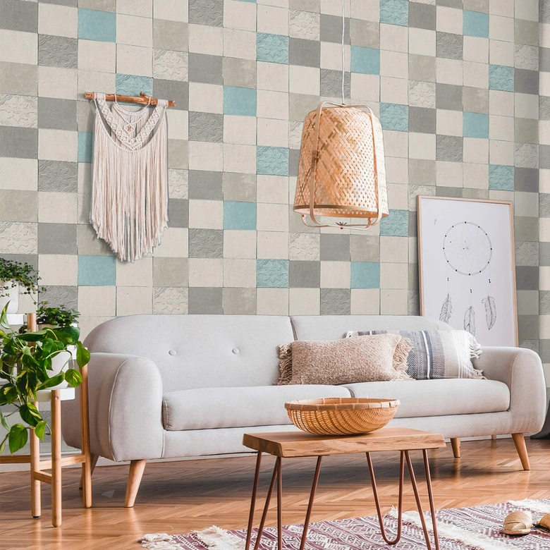Livingwalls non-woven tapet Nya väggar Finca Home kakel tapet blå, grädde, grå 