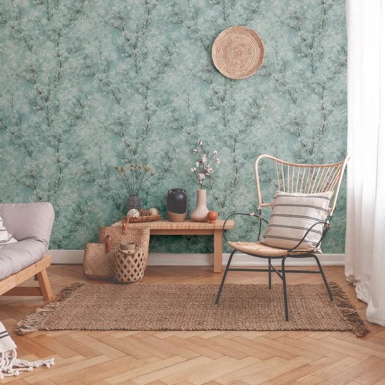 Vliestapete Kirschblüten Baum Natur Tapete Äste Wald floral modern Türkis Grün New Walls 