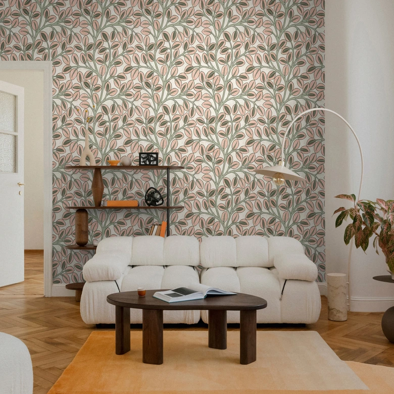 Elegante papel pintado no tejido - sutil diseño de hojas en tono crudo y natural 
