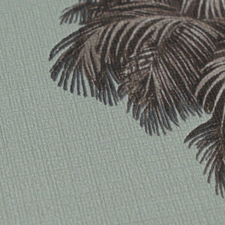 Palmen-Tapete Mintgrün Braun - Vliestapete tropisch illustriert Retro-Stil 