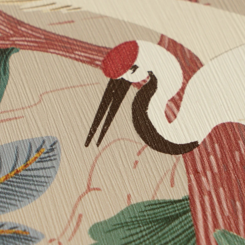 Exotisch behang kraanvogels beige groen rood - Vliesbehang met bladeren & bloesems 