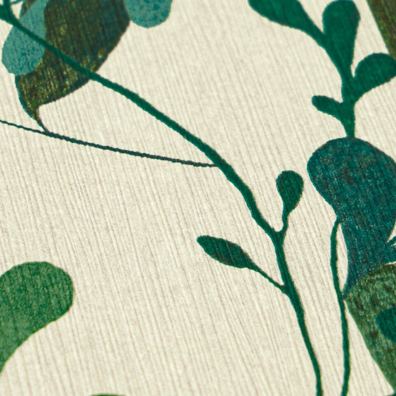 Non-woven wallpaper with a green leaf pattern on a white background 