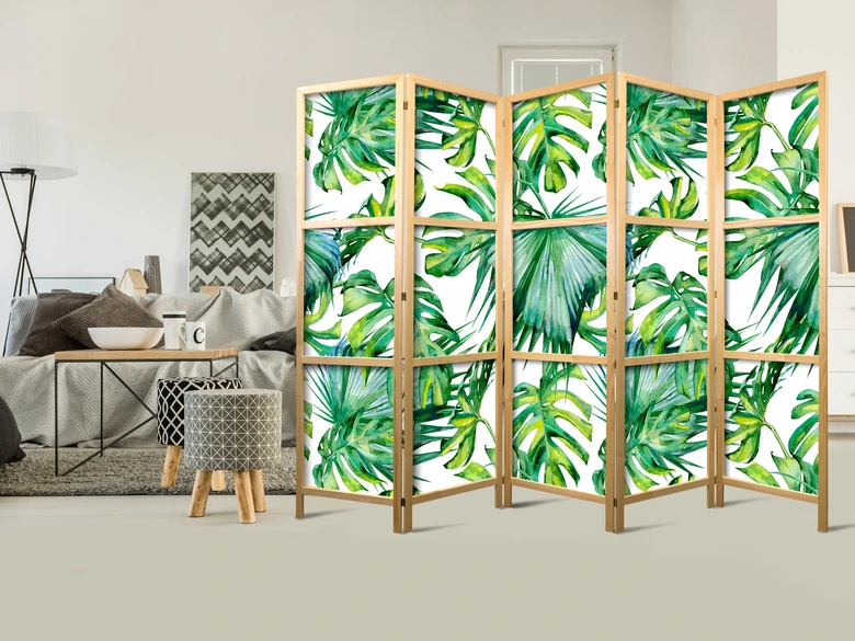Japanischer Paravent, Raumteiler freistehend, Trennwand - Monstera und Palmblätter 