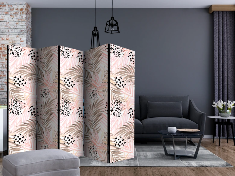 Paravent Séparation de pièce - Feuilles de palmier roses, 3 pièces 