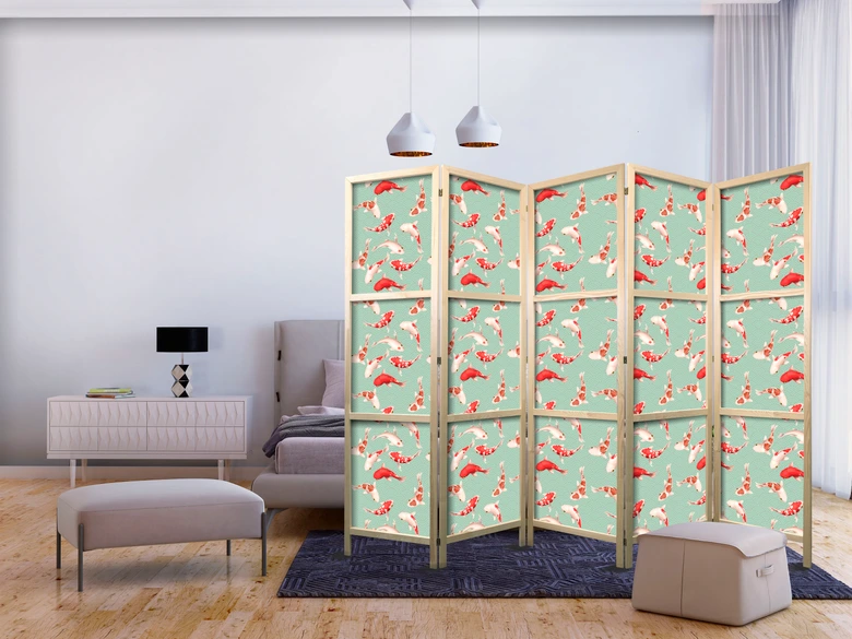 Japanischer Paravent, Raumteiler freistehend, Trennwand - Fish and Japanese Pattern 