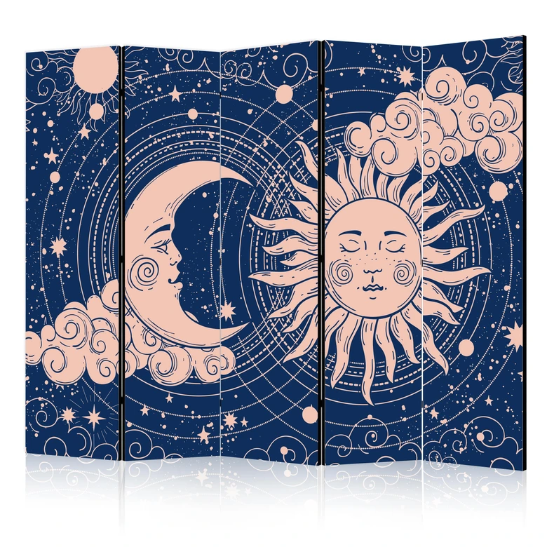 Paravent, Raumteiler freistehend, Trennwand - Cosmic Harmony: Sun and Moon Illustration 
