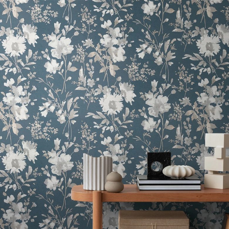 COSMOPOLITAN Papier peint intissé floral aquarelle bleu-gris blanc - papier peint fleuri moderne 