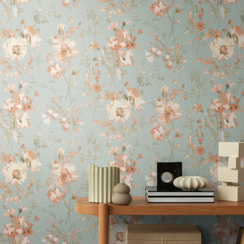 COSMOPOLITAN papier peint vintage aquarelle fleurs abricot bleu - papier peint intissé pastel 