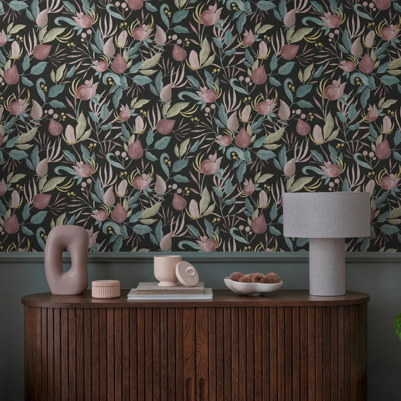 COSMOPOLITAN Blüten Tapeten Design Schwarz Rosa - Botanische Vliestapete modern 