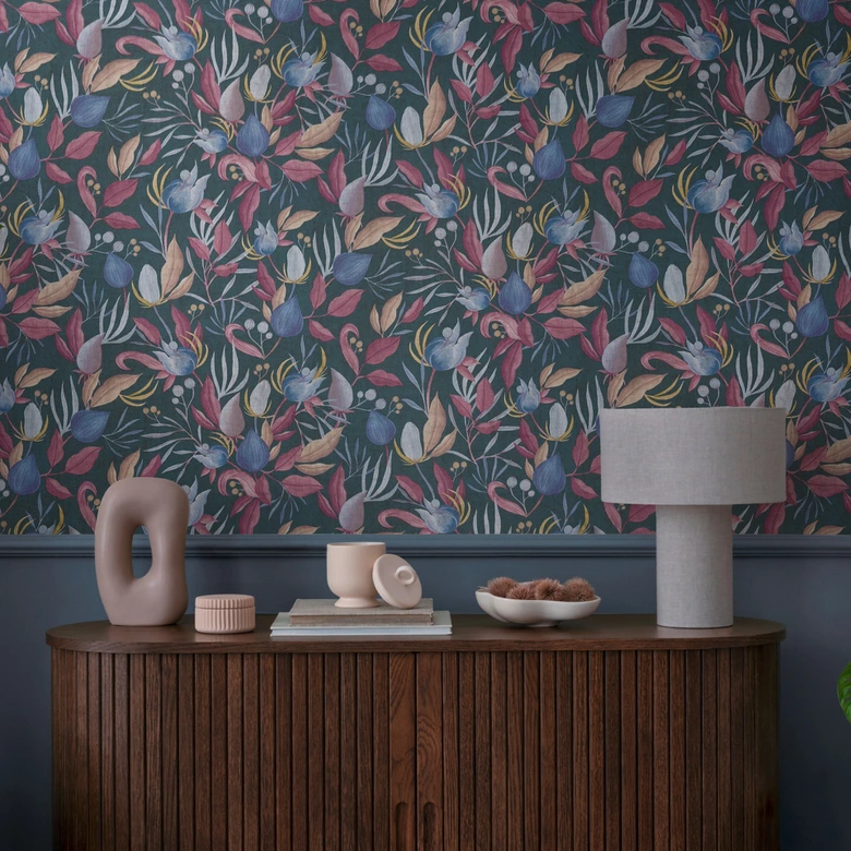 Papel pintado COSMOPOLITAN diseño hojas azul rojo - Papel pintado no tejido de diseño moderno 