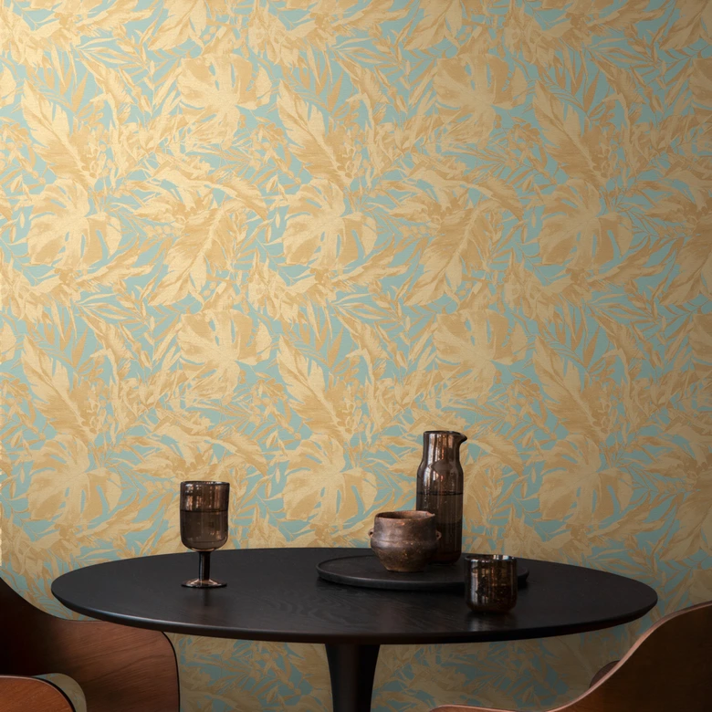COSMOPOLITAN Tapete Dschungeloptik Blau Gold - natürliche Botanic Vliestapete 