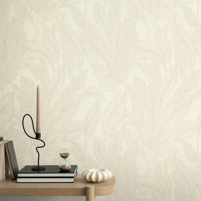 COSMOPOLITAN papier peint salon feuilles crème beige - papier peint intissé à motifs modernes 