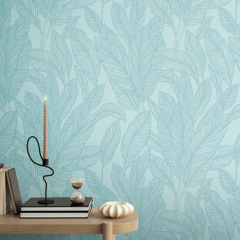 COSMOPOLITAN designerska tapeta z fakturą liści jasnoniebieska - nowoczesna tapeta z włókniny 