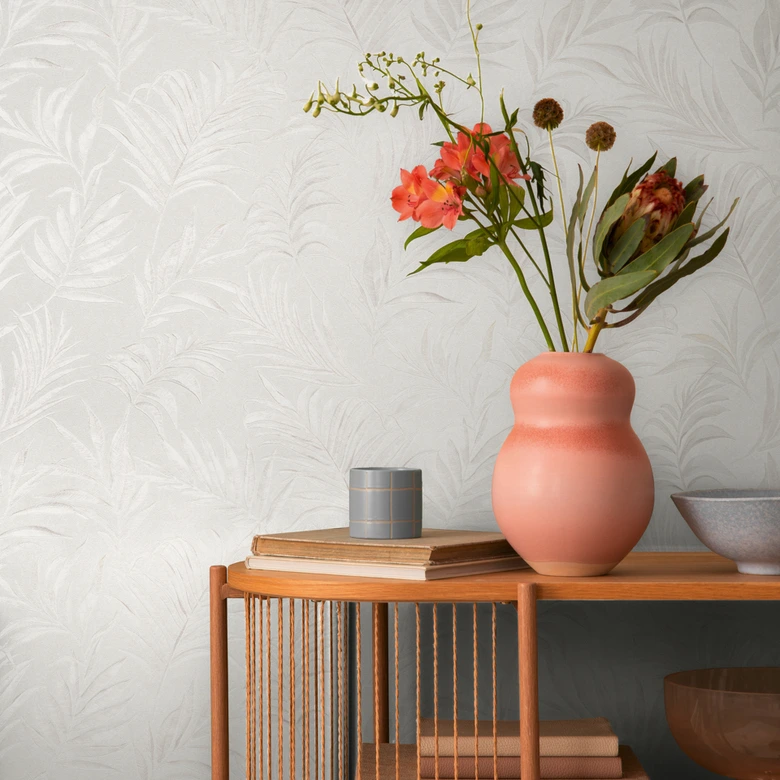 COSMOPOLITAN Blattmuster Tapete Creme Weiß - florale Vliestapete Esszimmer Küche 