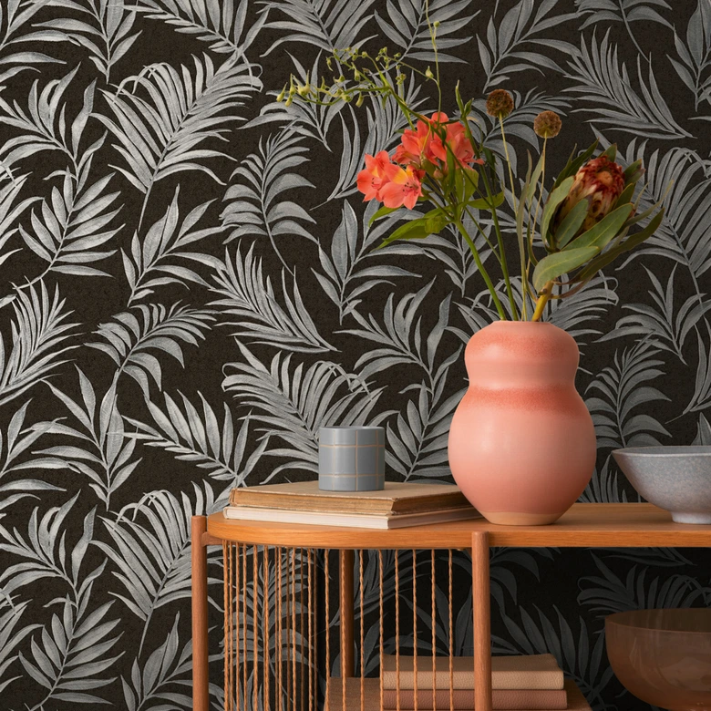 COSMOPOLITAN non-woven wallpaper black silver leaves - stylish non-woven wallpaper bedroom 