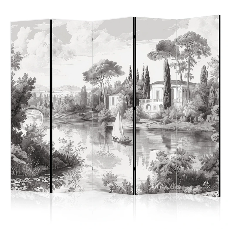 Paravent, Raumteiler freistehend, Trennwand - Black and White Vintage Landscape: Pond with Boat 