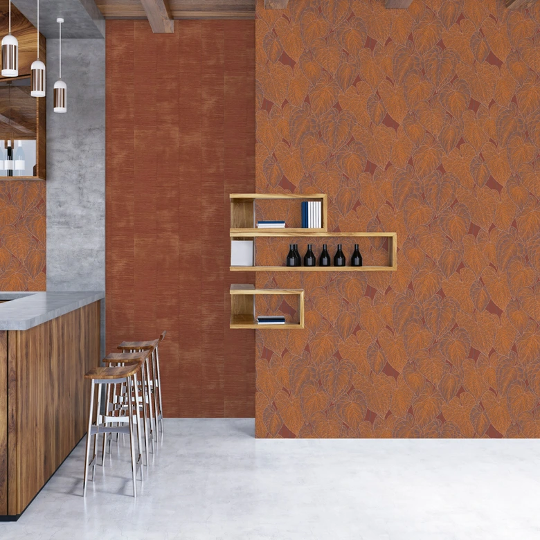 Textured wallpaper with a rusty red raffia look - natural tones - non-woven wallpaper with a linen texture 