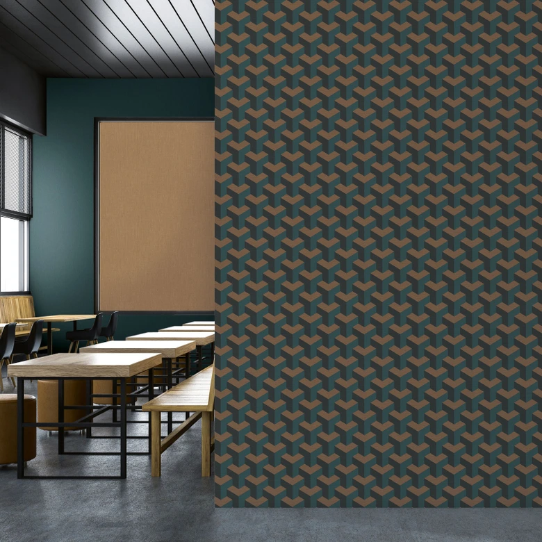 3D wallpaper cube pattern blue brown black - geometric non-woven wallpaper modern 
