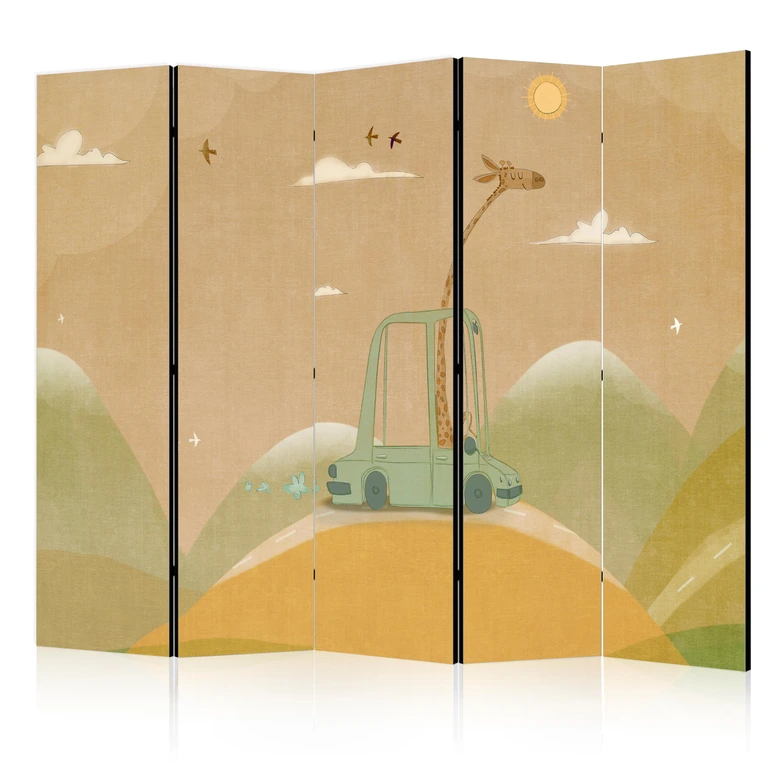 Paravent, Raumteiler freistehend, Trennwand - Dreamy Traveler: Giraffe Driving a Car 