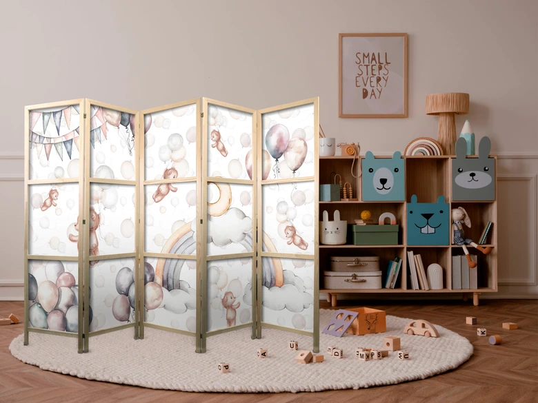 Japanischer Paravent, Raumteiler freistehend, Trennwand - Plush Bears with Balloons - Pastel Colors 