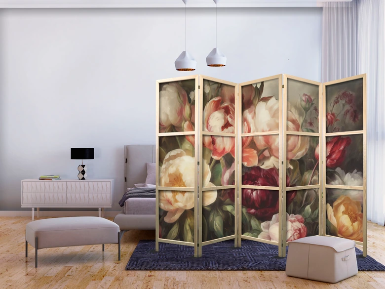 Japanischer Paravent, Raumteiler freistehend, Trennwand - Blooming Sunlit Peonies 