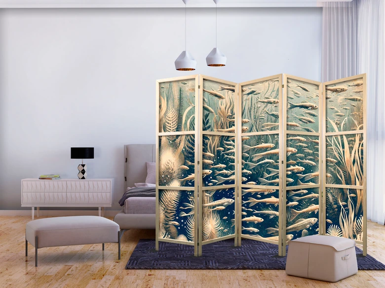 Japanischer Paravent, Raumteiler freistehend, Trennwand - Life in the Ocean in Retro Style 