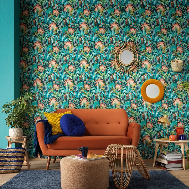 Papier peint à fleurs, papier peint à fleurs, papier peint intissé turquoise Erismann Martinique 