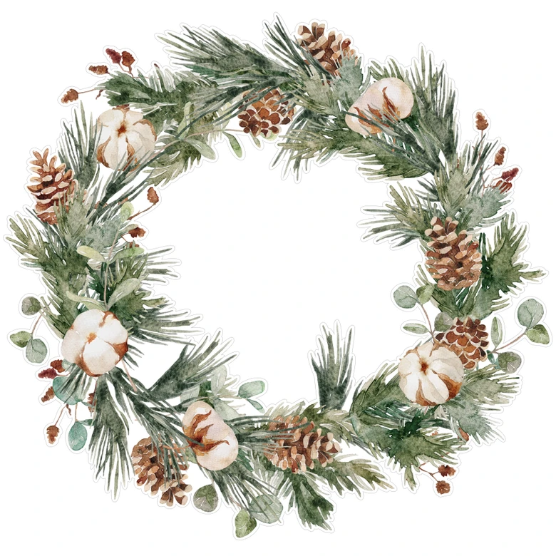 Winter Fensterbild Tannenkranz mit Zapfen und Baumwollblüten | Fensterdeko Weihnachten 