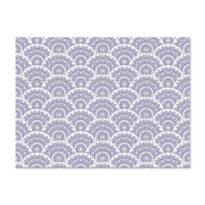 Kakeldekorer Geometriska bågar med blommigt prov i blått - set om 12 Högblank | 20x20 cm