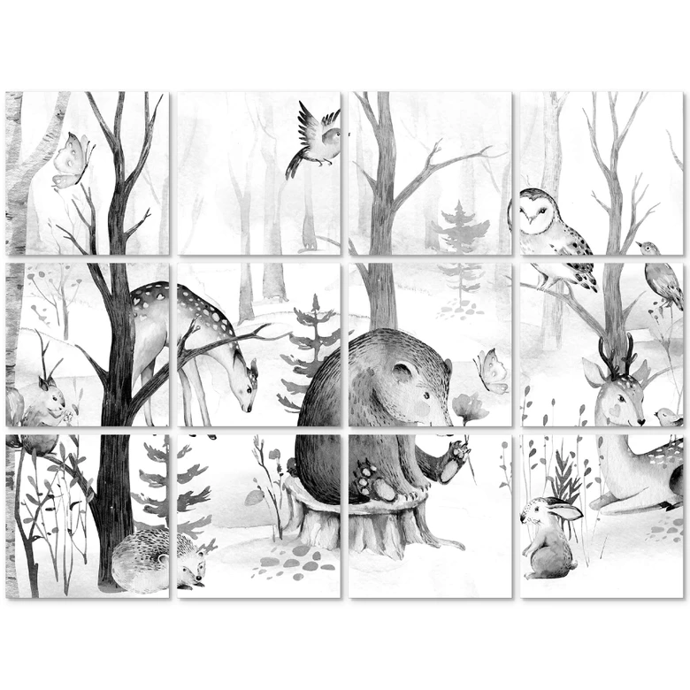 Tegelstickers Kvilis - Dieren in het Bos zwart-wit (set van 12) 
