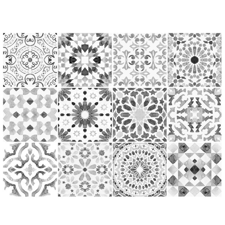 Azulejos Adhesivos con motivos marroquíes en blanco y negro - lote de 12 Mate | 10x10 cm