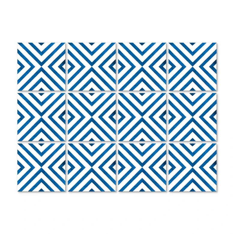 Kakeldekorer i akvarell - Diagonala rutor - Blå - Set om 12 