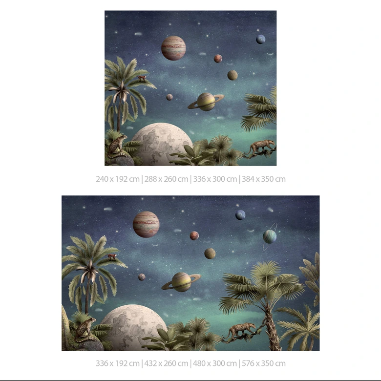 Kinderzimmer Fototapete Kikki Belle - Tropische Fantasiewelt mit Planeten und Palmen 