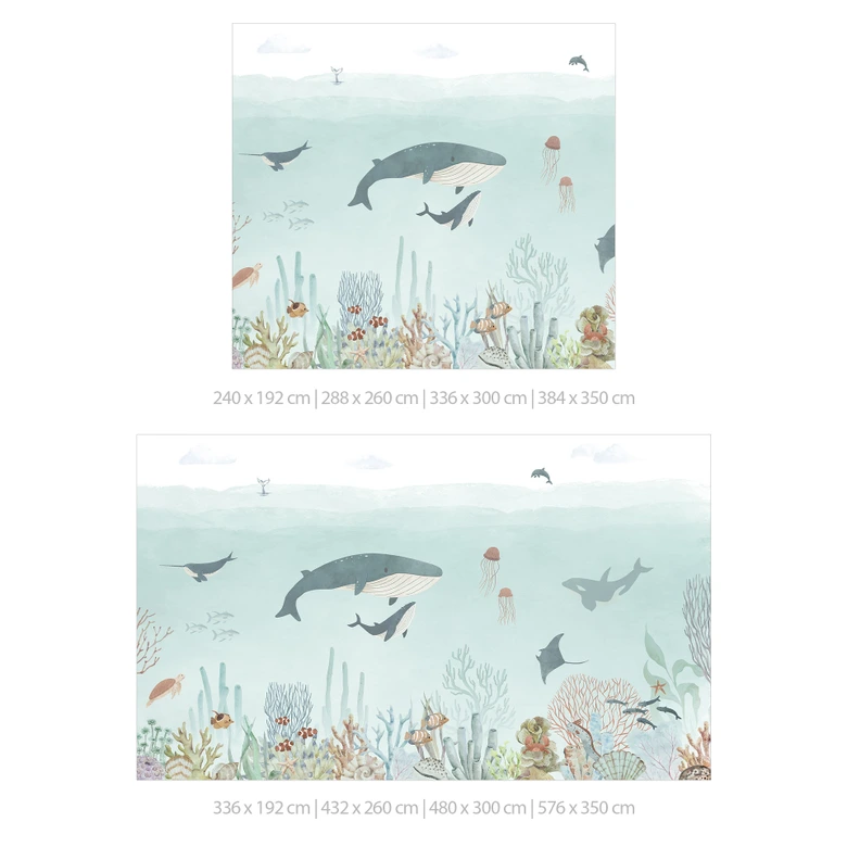 Papier peint enfant Aventure sous-marine avec animaux marins - Bleu - Oliver Robins 