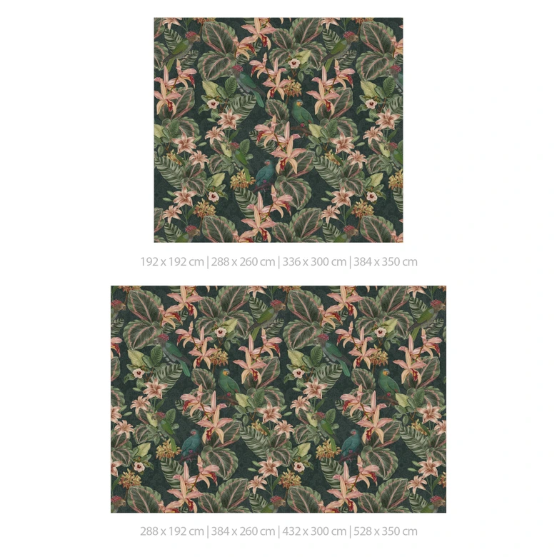 Fototapete Dschungel mit Papageien Nachtgrün | Urban Jungle Tapete - Bloomery Decor 