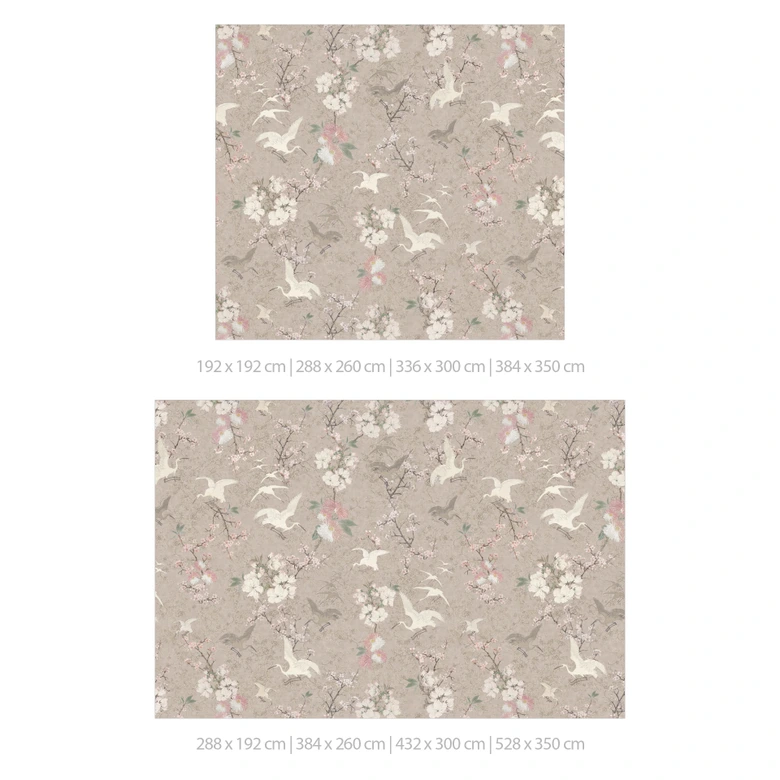 Fotomural Pájaros Japandi | Grullas en Flor de Cerezo Rush Beige - Bloomery Decor 