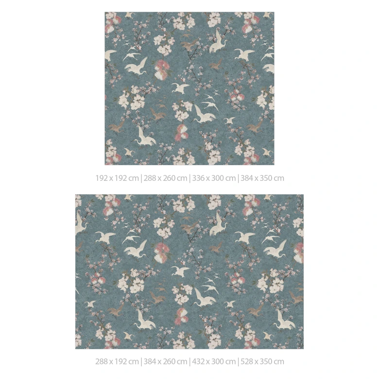 Japandi Stijl Fotobehang - Kraanvogels in Kersenbloesem Rush Blauw - Bloeiende Decor 