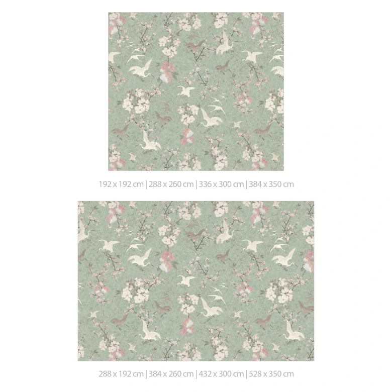 Vogel-Tapete im Asia-Stil - Kraniche im Kirschblüten-Rausch Grün - Bloomery Decor 