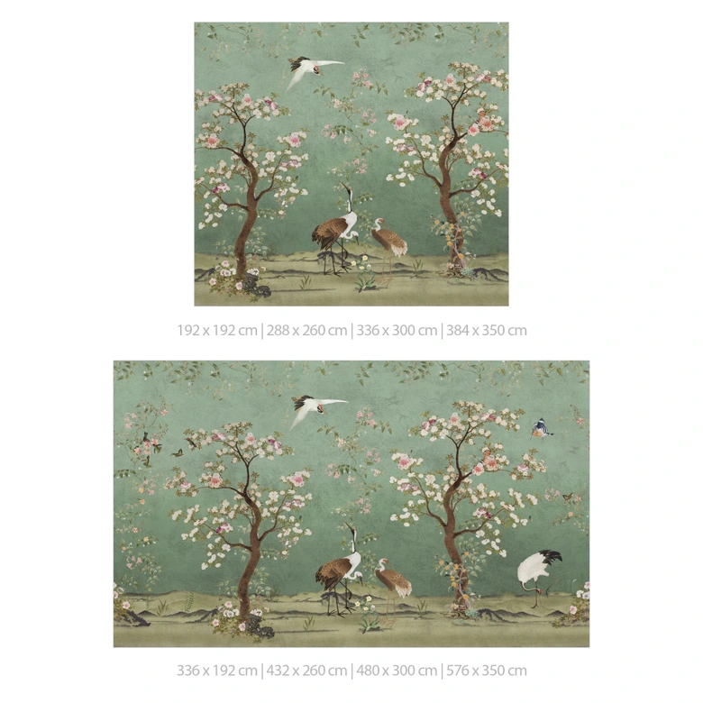 Chinoiserie Fototapete Kraniche in floraler Landschaft - Bloomery Decor 