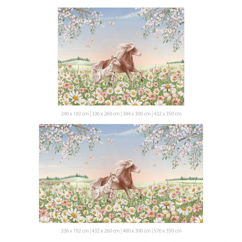 Papier peint photo chambre enfant Chevaux dans un pré fleuri - Kikki Belle 