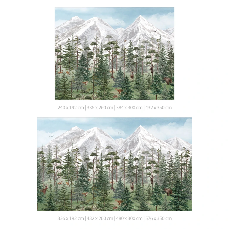 Fotobehang, natuurbehang voor kinderen - bosdieren in een groen alpenbos - Kikki Belle 