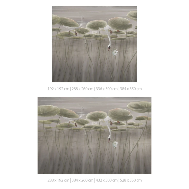 Fototapete Naturtapete Lotusblumen mit Schwan im Wasser in Grau - Ms Tiff 
