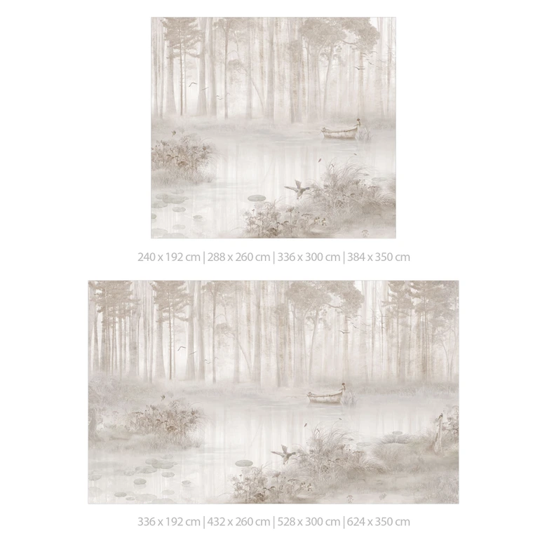 Bos Fotobehang - bos bij het meer in beige mist - Ms Tiff 