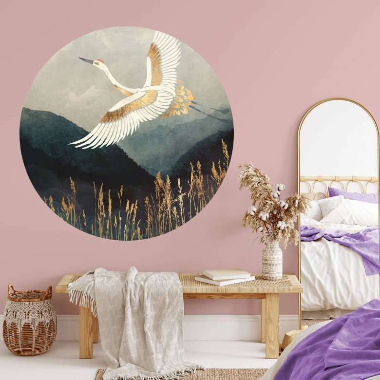 Behangcirkel SpaceFrog Designs - Elegante Kraanvogel - Japandi - vliesbehang/zelfklevend vliesbehang 