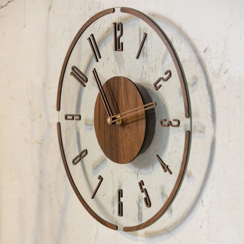 Moderne Glasuhr mit Holz, transparent/braun | Ø30 cm 