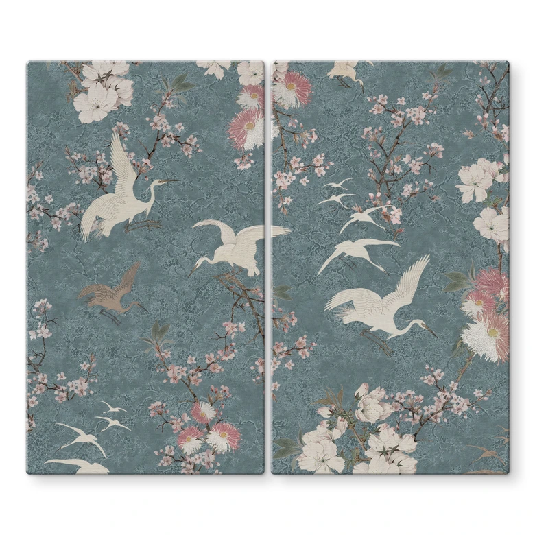 Herdabdeckplatte Kraniche im Kirschblüten-Rausch Blau - Bloomery Decor 
