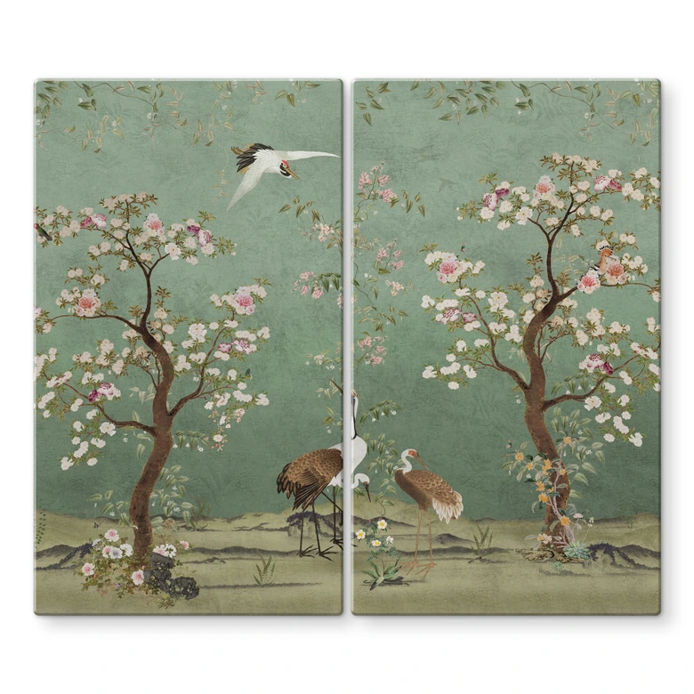 Herdabdeckplatte Kraniche in floraler Landschaft - Bloomery Decor 