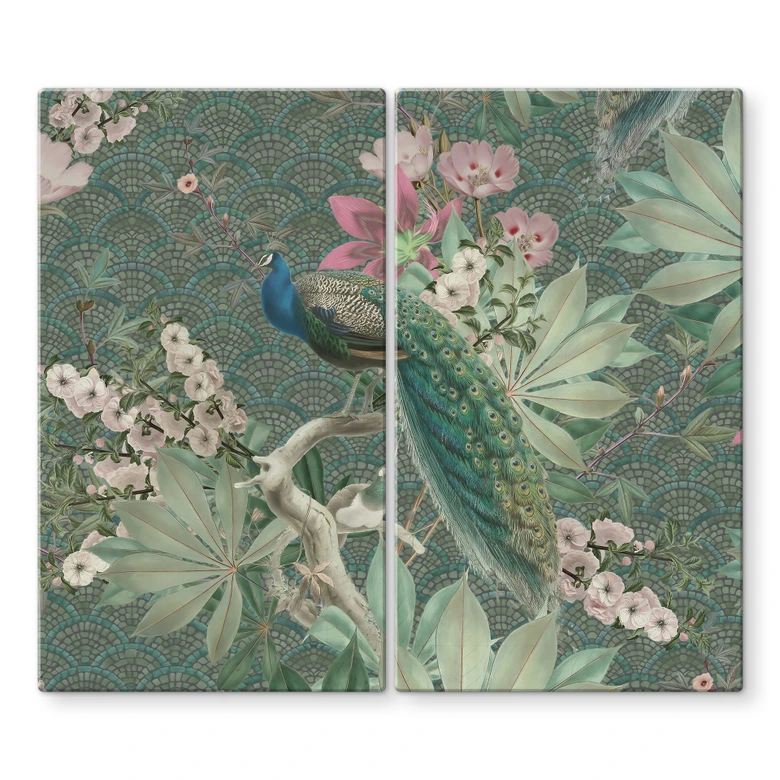 Herdabdeckplatte Pfau im Tropengarten auf Mosaik - Bloomery Decor 