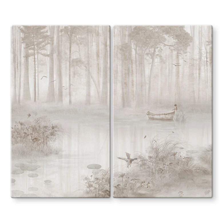 Herdabdeckplatte Wald am See im Nebel in Beige - Ms Tiff 