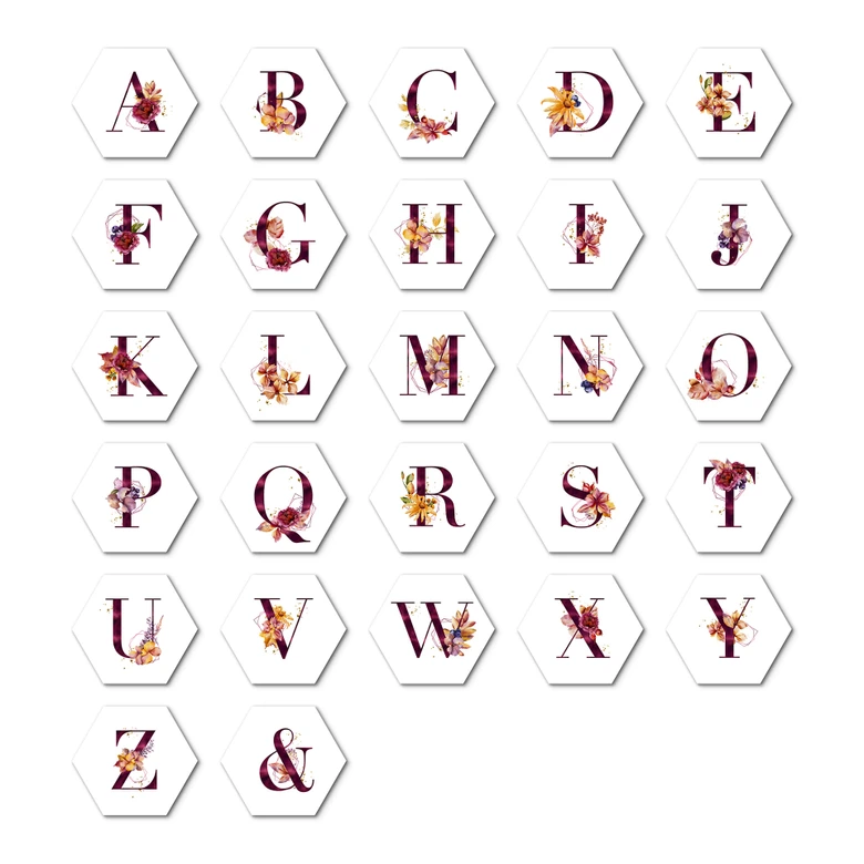 Hexagone - Alu-Dibond Lettres alphabet fleuri bordeau 